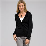 Ruffle Front V-Neck Cardigan, Black, medium