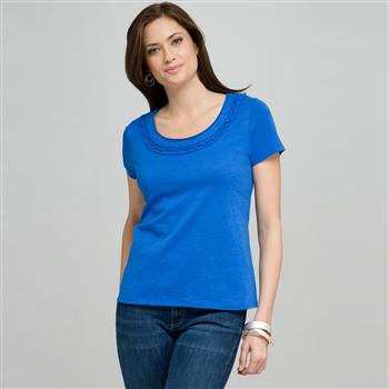 アップリケ付きスクープネック T シャツ, ブルー, large